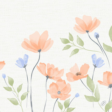 Des fleurs dessinées, certaines sont couleur saumon, d'autres bleu ciel