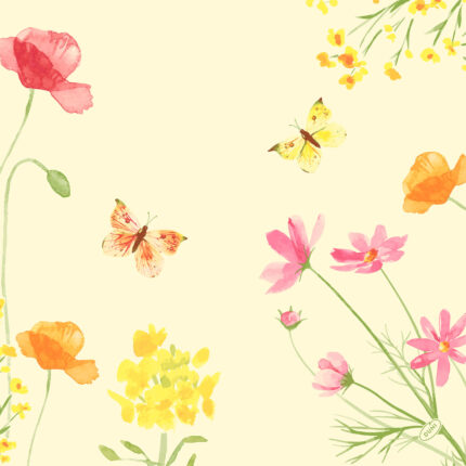 Des fleurs dans les tons roses-orange-jaunes, avec 2 papillons, l'un orange, l'autre jaune